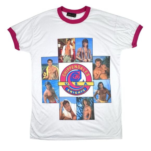 Vintage 90s Chippendales Stripper Sleep Shirt Pink Ringer Tee Single Stitch USA - Picture 1 of 16